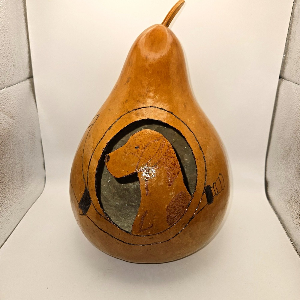 Handcarved & Designed Gourd with Dog in Porthole Circle Design Laquered